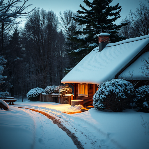 Generate a cozy winter scene of a cottage with a snow-covered roof, warm light glowing from windows, surrounded by trees and a path in soft snow, with a Canon EOS R5, 35mm lens, f/4 aperture, ISO 100, 1/125 sec exposure, in twilight conditions for enhanced color depth and clarity.