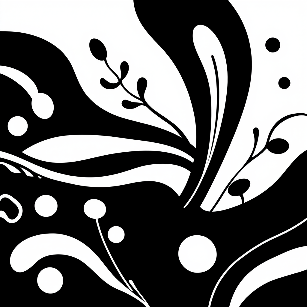 create a high-resolution digital illustration of a stylized abstract black and white composition featuring organic shapes and patterns, using a Canon EOS 5D Mark IV with a 50mm lens, aperture set to f/1.8, ISO 100, and a soft-focus background for enhanced depth and clarity.