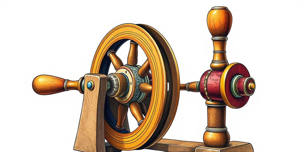 Regenerate a detailed and colorful illustration of a spinning wheel machine with two distinctive wooden handles, showcasing intricate design elements and textures, using a DSLR camera with a 50mm lens, f/2.8 aperture, ISO 100, and a soft-focus background to enhance depth and clarity.
