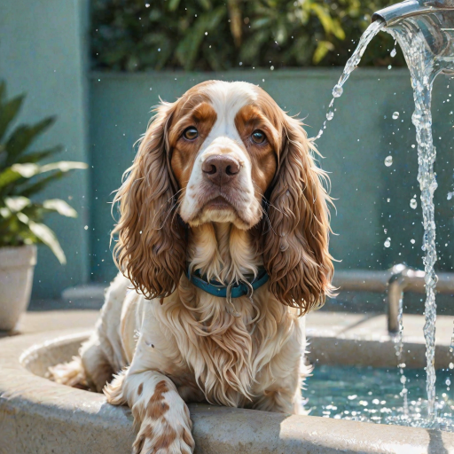 Watercolor ink illustration, A digitally created artwork of a Cocker Spaniel dog leaning on a water fountain, eyes closed, tongue out as if lapping water. The white dog has brown and cream patches, especially on its ears and face. Water splashes around it with detailed droplets. The background features a soft blue-green gradient, suggesting a sunny day. The style is realistic, focusing on the texture of fur and water for a lifelike, vibrant feel.