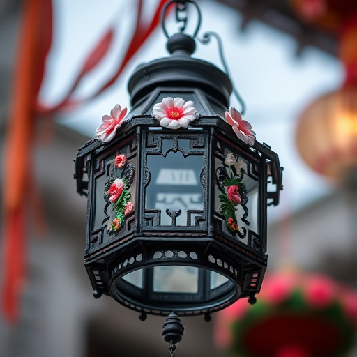 Generate an image of an ornate lantern with floral decorations, captured with a DSLR camera at f/2.8 aperture, ISO 100, 1/250 sec shutter speed, in a shallow depth of field, taken from a low angle view to emphasize the details and textures of the lantern against a blurred background.