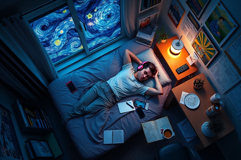 A top-down Van Gogh-style painting of a young man lying on his bed, listening to music with headphones. The room is softly lit with deep blues and purples, creating a peaceful nighttime atmosphere. The bed has a soft pillow, and the man's arms are resting behind his head. Around the bed, various glowing gadgets such as a smartphone, a laptop, and a small lamp are visible, casting a gentle light. The rest of the bedroom includes a desk with books, a chair, and a small rug on the floor. A window near the bed reveals a starry night sky with swirling stars, reminiscent of Van Gogh's 'Starry Night.' On the desk, there is a sketchbook with colorful drawings, a cup of coffee steaming gently, and a small potted plant. The walls have posters of famous paintings and a corkboard with pinned notes and photos. The scene is full of dynamic, swirling brushstrokes, capturing the essence of Van Gogh's unique style. The overall mood is serene and contemplative, with a touch of artistic inspiration.
