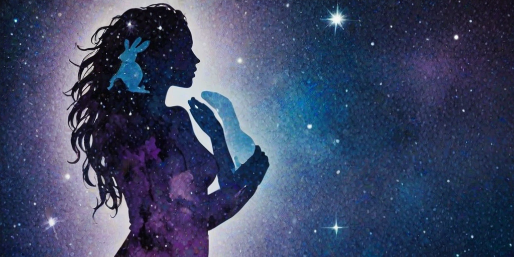 Captivating conceptual render alcohol ink art, double exposure, the paint strokes artfully merge combining a woman's full silhouette with a Humble hare's silhouette. The figures are composed of a series of colored dots, lines & spots that evoke the image of a cosmic galaxy, colors are deep shades of blue purple & black with flashes of white & silver representing distant stars. The woman's silhouette is formed within the lion's silhouette from constellations of scattered stars, surreal
