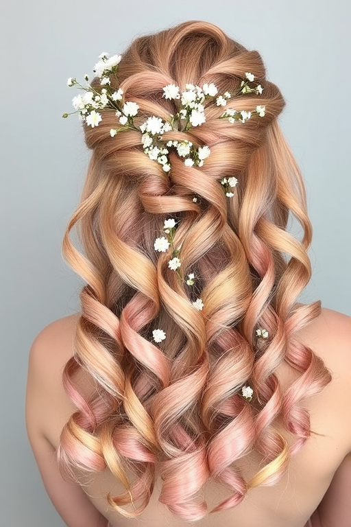 Soft rose gold tresses styled in romantic, cascading ringlets with delicate baby's breath flowers woven throughout, embodying the dreamy "Blush Blossom" aesthetic