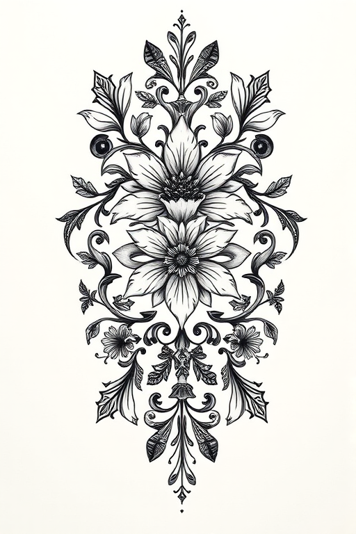 Blackwork ornamental tattoo titled "Gothic Lace" featuring intricate floral and geometric patterns inspired by Victorian architecture with bold black lines and intricate details