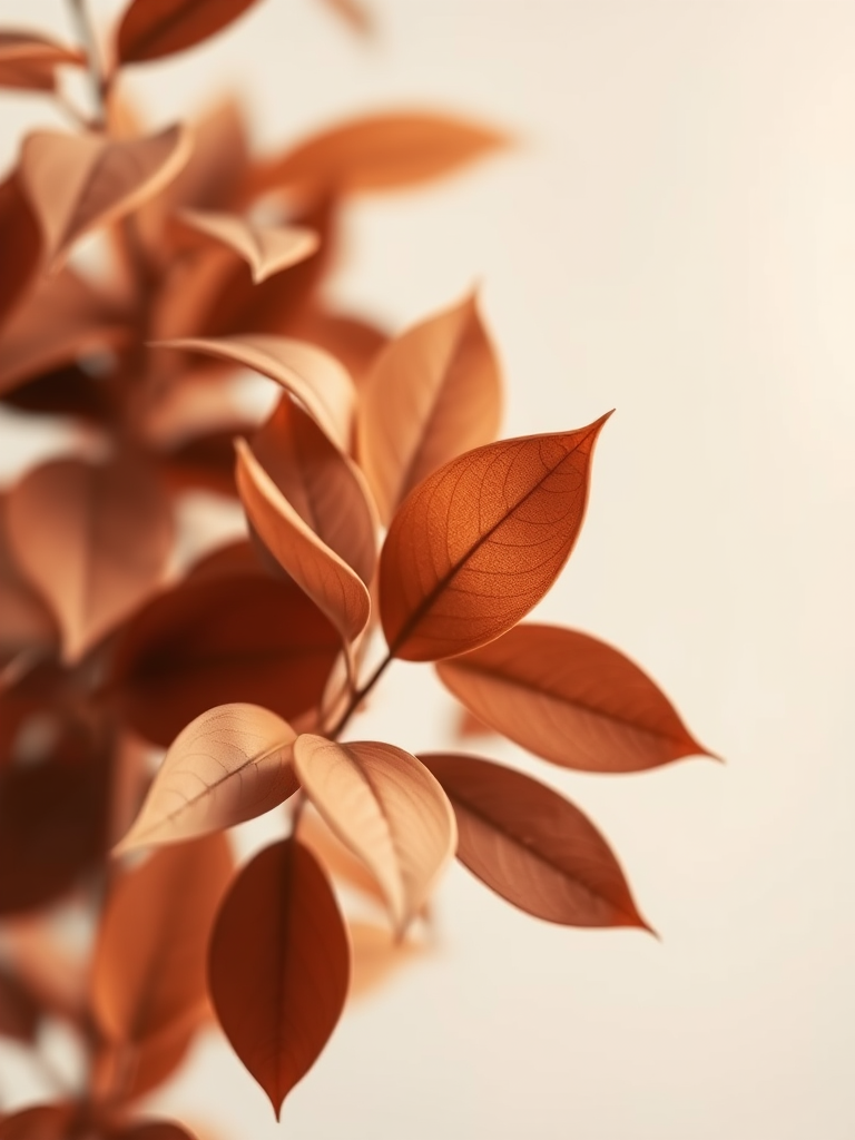 minimalist plant illustration with abstract leaves in shades of brown and muted colors, soft focus, 50mm lens, f/2.8 aperture, ISO 200, natural light, digital art style