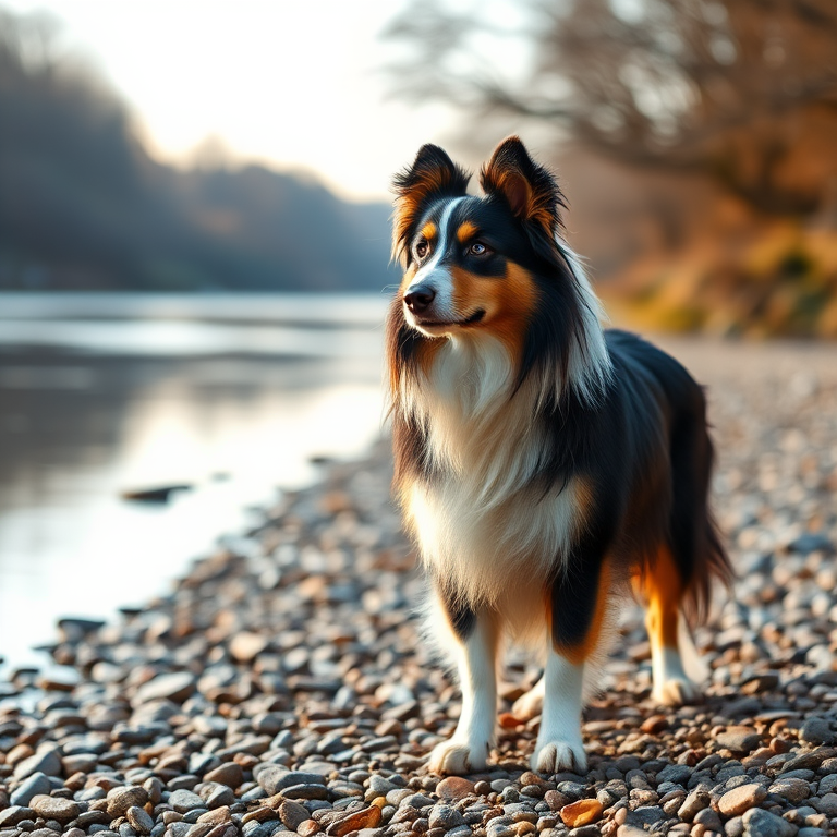 Generate a high-resolution image of a collie standing on a pebbled riverbank, with soft natural lighting, a shallow depth of field, using a DSLR camera at f/2.8, ISO 100, and a shutter speed of 1/500 seconds.
