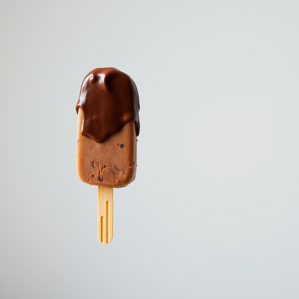 Create a high-resolution image of a chocolate-coated ice cream bar on a wooden stick against a plain background, captured with a DSLR camera at f/2.8 aperture, 50mm lens, ISO 100, in natural light with a shallow depth of field to enhance details and texture.