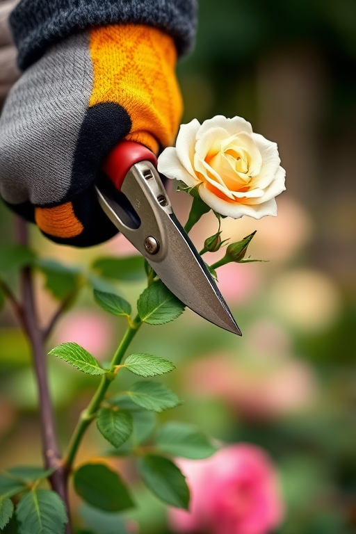 Close-up of a hand wearing a colorful gardening glove pruning a green rose bush branch with pruning shears, soft focus background, natural lighting, shutter speed 1/200, aperture f/4, ISO 200, macro lens, DSLR camera.