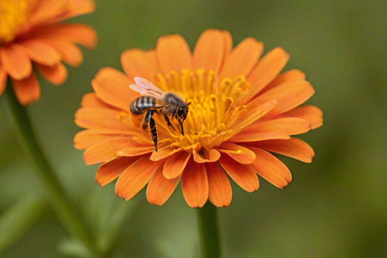 a close-up of a bee on a vibrant orange marigold flower with a soft-focus green background