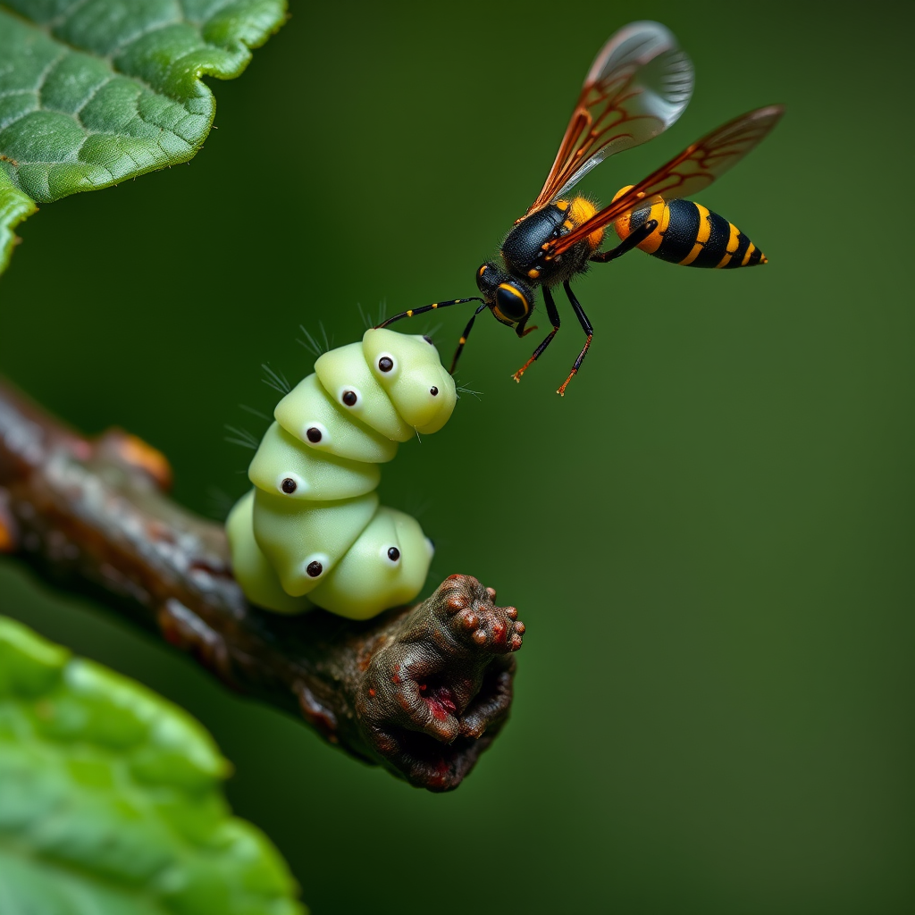 Spectacular photography, 300dpi, digital noise free, extremely clear, ultra-realistic, inside focus, best angle view, with intricate details of a small and tiny Cabbage Butterfly Caterpillar (Pieris Brassicae), standing on a branch of a tree, partially covered with green leaves. A large and majestic parasitic wasp (Torymus sinensis), flying over the caterpillar, right in front of the caterpillar with its body arched and the sting completely out of its abdomen pointing at the caterpillar's body and prepared in an attacking and aggressive position, stares at it and watches stealthily. Both within focus . Proportion of size. Light of day. National Geographic style