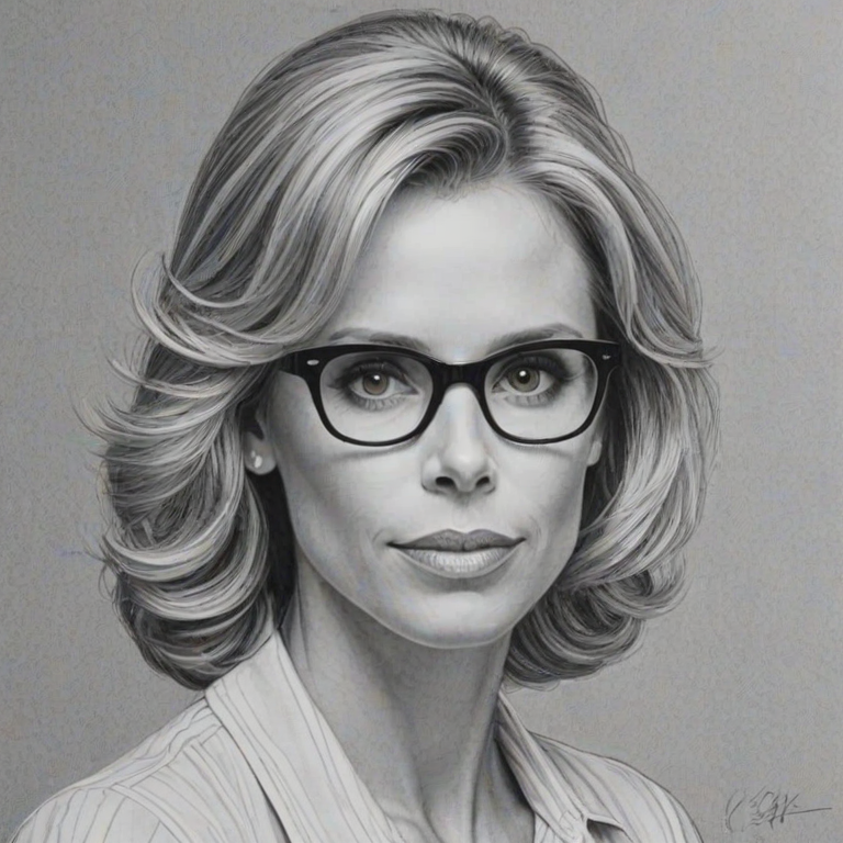 Radiant Cheryl Hines, pencil sketch, portrait of Superb woman 1933s in glasses, hair style beatnik, outline, clear lines, fine lines, 8k