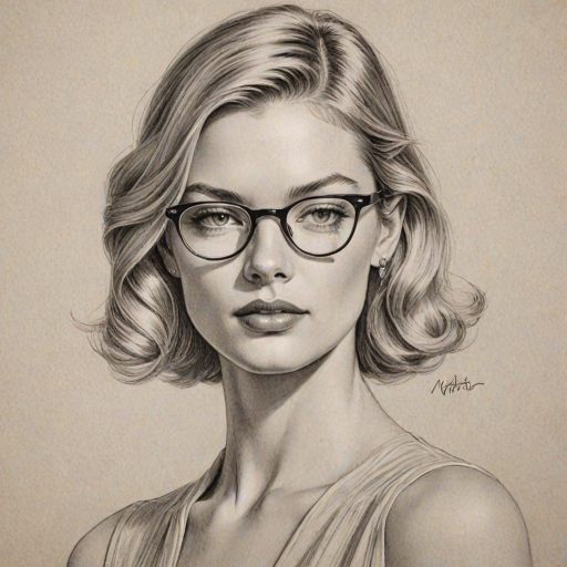 Dazzling Martha Hunt, pencil sketch, portrait of Charming woman 1930s in glasses, hair style beatnik, outline, clear lines, fine lines, 8k