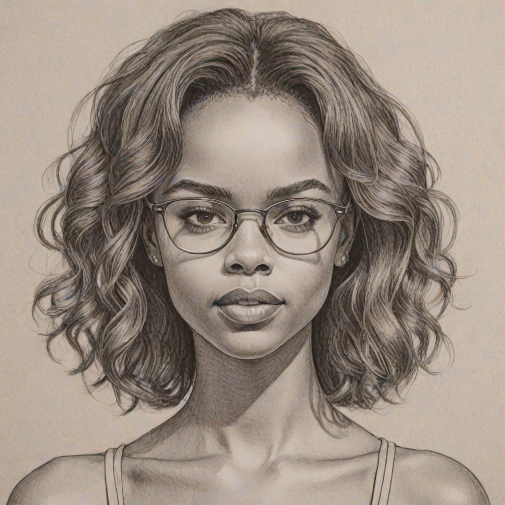Enticing Ashleigh Murray, pencil sketch, portrait of Gorgeous woman 1969s in glasses, hair style beatnik, outline, clear lines, fine lines, 8k