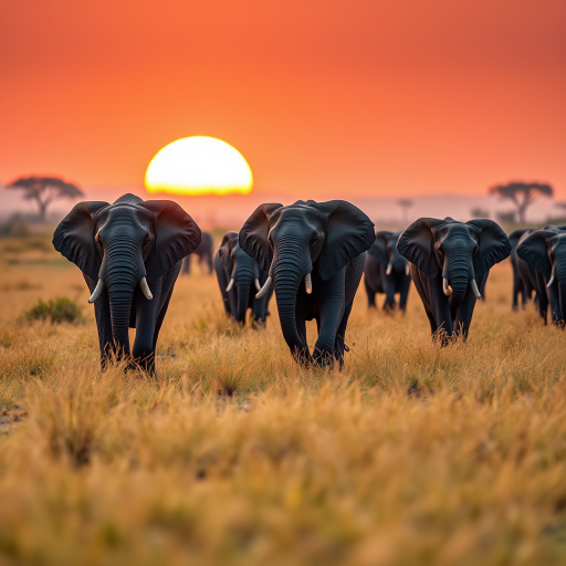an African savanna landscape featuring a herd of elephants walking gracefully through golden grass during sunset, captured with a Canon EOS 5D Mark IV, 100mm lens, f/4.0 aperture, ISO 200, using a shallow depth of field to emphasize the elephants while softly blurring the background, with a warm color palette to enhance the serene atmosphere of the scene