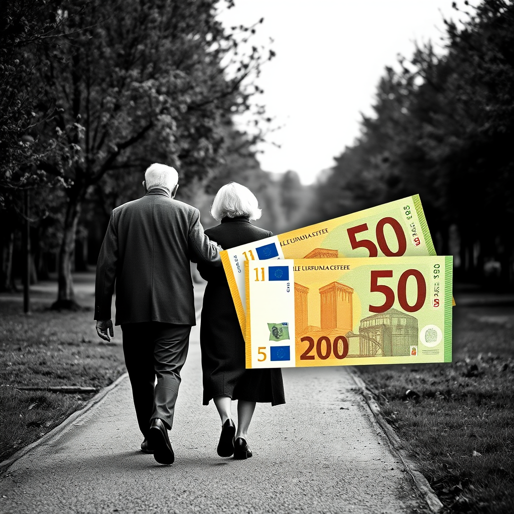 Create a black and white photograph of an elderly couple walking hand in hand on a path, with a close-up overlay of colorful 500 and 200 euro banknotes, captured with a Canon EOS R5, 50mm lens, aperture f/2.8, ISO 100, and a shallow depth of field for enhanced image quality.