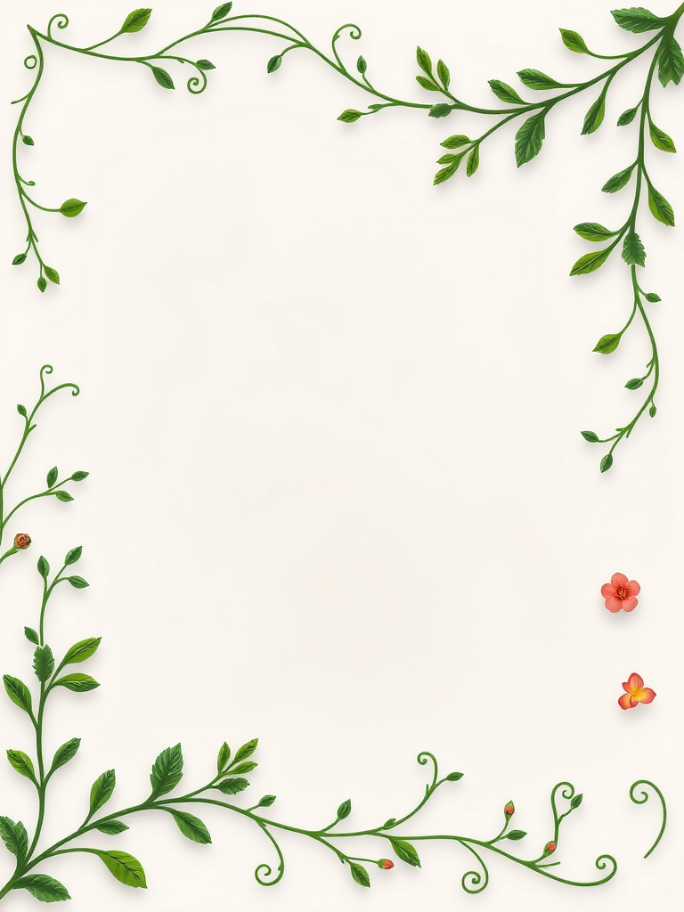 Create a decorative frame with intricate green vines and floral motifs on a transparent background, with a 50mm lens, f/2.8 aperture setting, top-down view, and digital SLR camera.