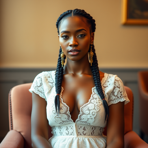 Create a portrait of a refined and elegant Oromo woman seated in a sophisticated setting. She has long, wavy hair styled in two thick braids that are pulled over her shoulders. She wears a white, lace gown with intricate patterns, featuring a deep V-neckline and short sleeves. The dress exudes a vintage charm with its delicate lacework. She is adorned with ornate, dangling earrings that add a touch of glamour to her appearance. The background is softly lit, with warm, ambient lighting that creates a cozy and inviting atmosphere. Her expression is poised and serene, capturing a sense of grace and elegance.