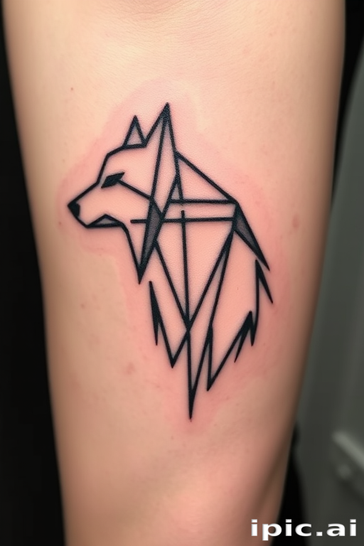 Minimalist blackwork tattoo showcasing geometric shapes forming a sleek wolf silhouette, bold lines and dotwork shading, stark contrast against skin, precise symmetry and balance