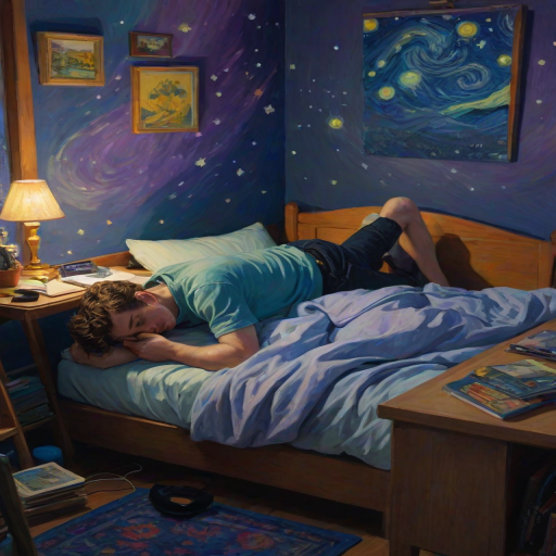 A top-down Van Gogh-style painting of a young man lying on his bed, listening to music with headphones. The room is softly lit with deep blues and purples, creating a peaceful nighttime atmosphere. The bed has a soft pillow, and the man's arms are resting behind his head. Around the bed, various glowing gadgets such as a smartphone, a laptop, and a small lamp are visible, casting a gentle light. The rest of the bedroom includes a desk with books, a chair, and a small rug on the floor. A window near the bed reveals a starry night sky with swirling stars, reminiscent of Van Gogh's 'Starry Night.' On the desk, there is a sketchbook with colorful drawings, a cup of coffee steaming gently, and a small potted plant. The walls have posters of famous paintings and a corkboard with pinned notes and photos. The scene is full of dynamic, swirling brushstrokes, capturing the essence of Van Gogh's unique style. The overall mood is serene and contemplative, with a touch of artistic inspiration.