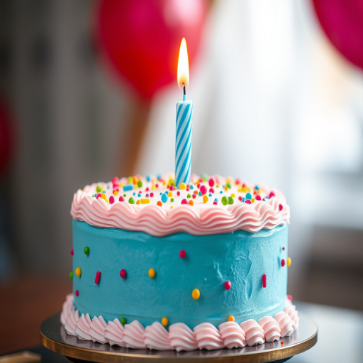 Create a colorful birthday cake with a single blue candle on top, using a soft focus lens, aperture f/4, ISO 100, captured in a well-lit studio setting for enhanced image quality, high-resolution digital illustration style.
