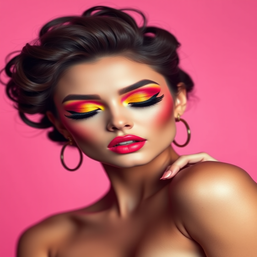 generate an image of a model with colorful makeup featuring vibrant yellow and pink eyeshadow, long eyelashes, and bright pink lips, against a solid pink background, with curly hair styled up and an elegant pose