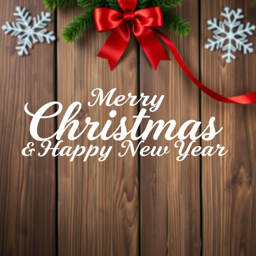 Create a festive Christmas greeting card design featuring a wooden background with a red ribbon, white snowflakes, and the text "Merry Christmas & Happy New Year" in elegant white cursive font, shot with a Canon EOS 5D Mark IV at f/2.8, ISO 100, 50mm lens, with a shallow depth of field to enhance the text clarity and background texture.
