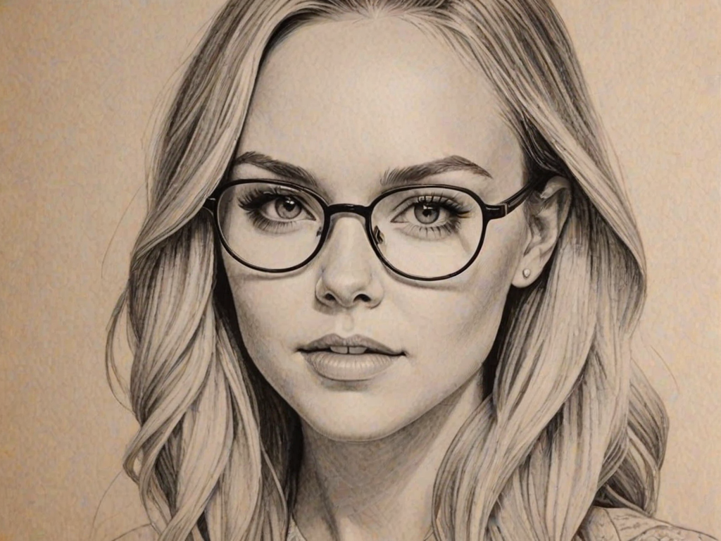 Captivating Danielle Bradbery, pencil sketch, portrait of Resplendent woman 1936s in glasses, hair style beatnik, outline, clear lines, fine lines, 8k