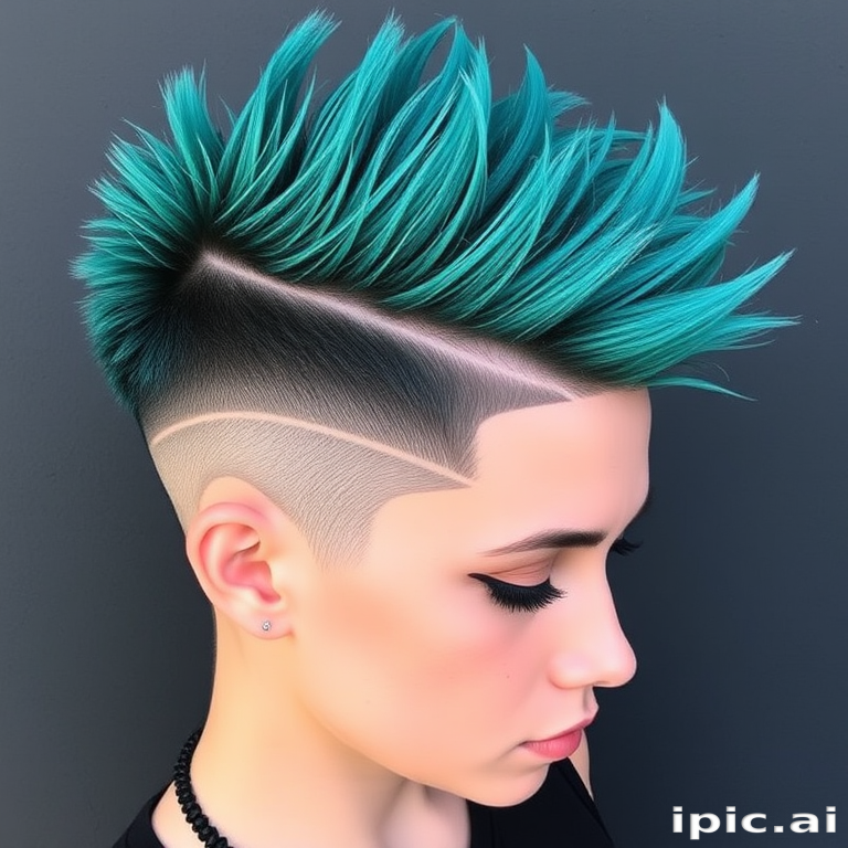 Edgy rebel flaunting a daring undercut pixie with a vibrant teal top section, styled in textured spikes and accented with intricate shaved designs