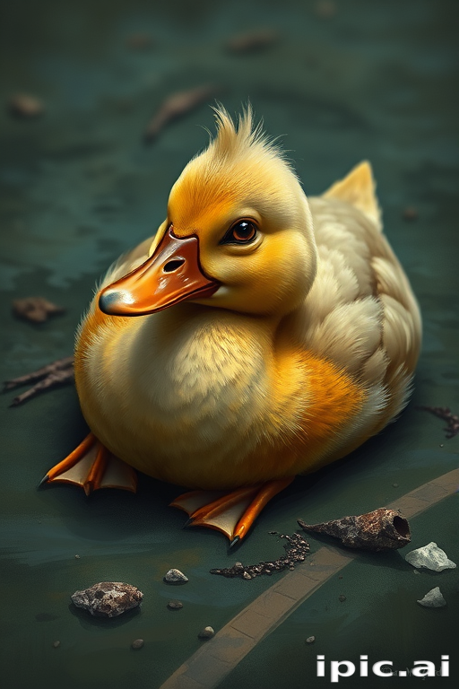 Stunning image of a cute adorable tired looking wacky duck laying flat on the ground, no emotions, moody, grainy, noisy, concept art, by Alberto Seveso, Cyril Rolando, Dan Mumford, Meaningful Visual Art, Detailed Painting, Digital Illustration,