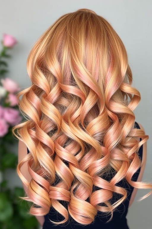 Voluminous strawberry blonde ringlets with subtle rose gold accents, the "Blush Bouquet" style exudes romantic charm and feminine grace