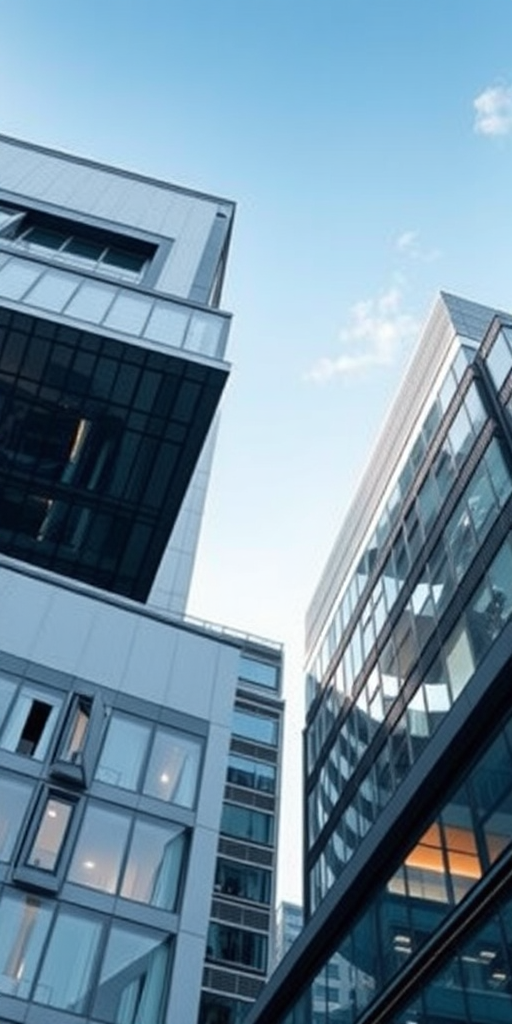 isometric view of three modern buildings with glass windows and sleek designs, high resolution, 50mm lens, f/8 aperture, 1/100 sec shutter speed, DSLR camera