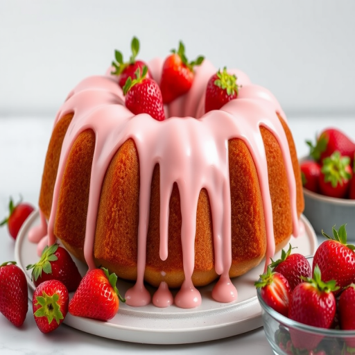 A beautifully decorated bundt cake with a smooth pink strawberry frosting drizzled over the top and adorned with fresh strawberries, set against a light background with additional strawberries in a bowl.