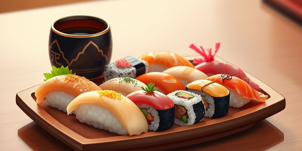 Create a high-resolution illustration of assorted sushi and a traditional sake cup on a wooden plate, using a Canon EOS 5D Mark IV, 50mm lens, aperture f/2.8, 1/60s shutter speed, with a vibrant color style and soft focus background.