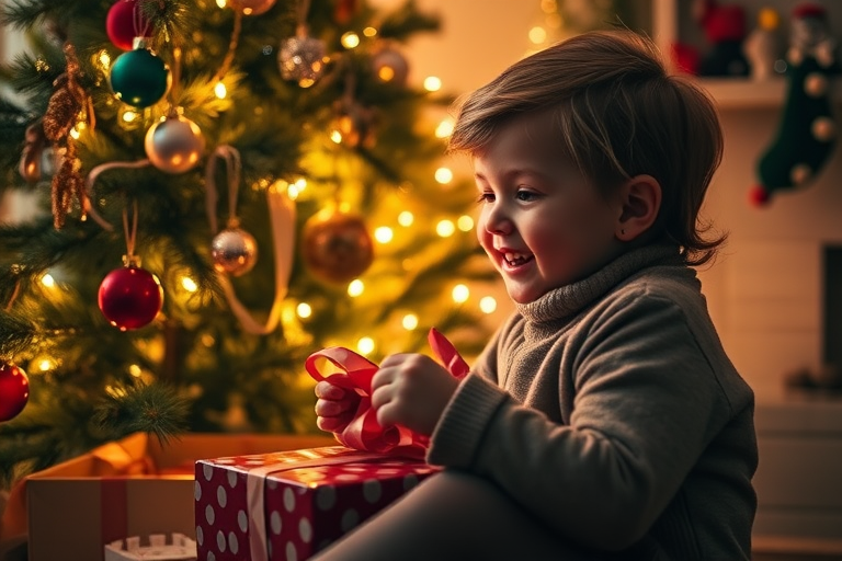 Warm, softly lit image of a child sitting by a Christmas tree, unwrapping a present, soft glow from the tree lights reflecting off ornaments, the child's face lit up with joy, the smell of pine and cinnamon lingering in the air, a sense of holiday warmth and joy captured.