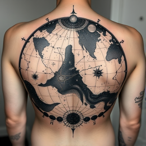 Intricate dotwork tattoo titled "Celestial Cartography" depicting a detailed star map of the night sky, with constellations connected by fine lines and celestial bodies rendered in meticulous stippling, incorporating subtle gradients to suggest depth and cosmic vastness, perfect for a full back piece