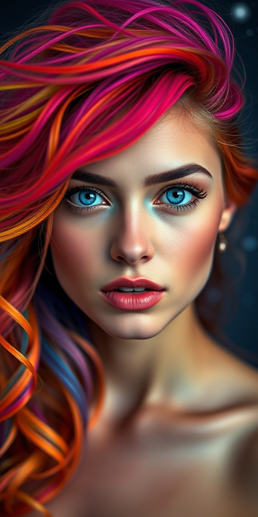 Create a vibrant portrait of a woman with colorful, swirling hair and striking blue eyes, featuring a cosmic background, shot with a Canon EOS R5 at f/1.8, ISO 100, 50mm lens, using a shallow depth of field for sharp focus on the face and a blurred background to enhance the overall artistic effect.