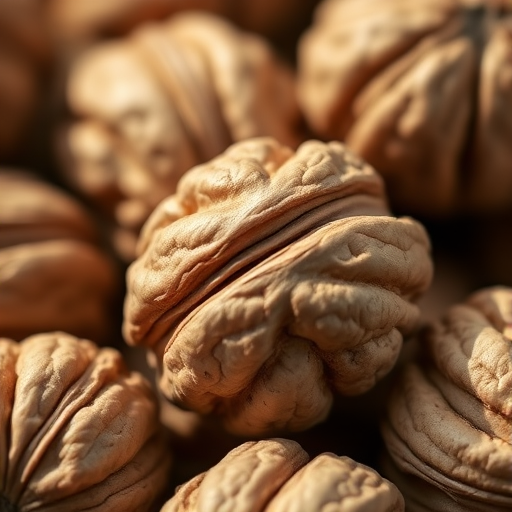 Close-up of whole walnuts with detailed texture, shallow depth of field, natural lighting, shot with a Canon EOS 5D Mark IV at f/2.8, 50mm lens, ISO 100, focusing on the intricate patterns of the walnut shells.