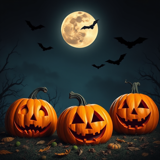 Create a vibrant Halloween scene featuring three stylized pumpkins with expressive faces, set against a large full moon and flying bats in a dark sky, using a DSLR camera, 50mm lens, f/2.8 aperture, ISO 400, and a slight vignette effect to enhance colors and details.