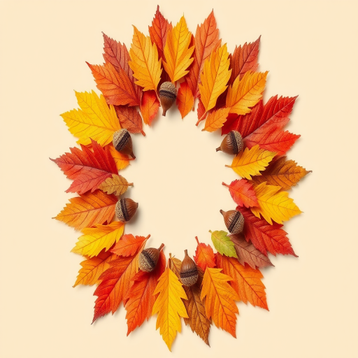Create a high-resolution digital illustration of a circular arrangement of colorful autumn leaves and acorns on a soft beige background, using a Canon EOS 5D Mark IV with an 85mm f/1.2 lens, aperture set to f/2.8, ISO 100, and a soft focus camera style for an elegant and vibrant look.
