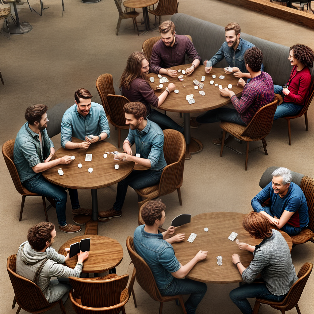 A realistic picture of a group of people sitting in a café and playing ...