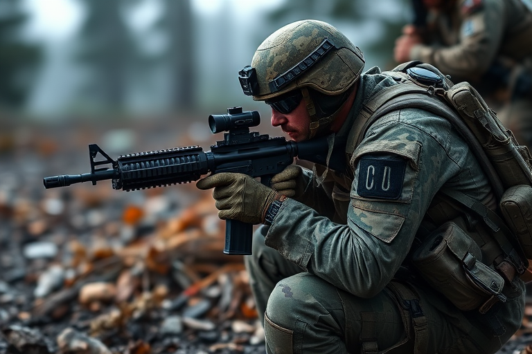 Generate a high-resolution image of a special forces soldier kneeling while aiming an assault rifle, focus on realistic details and textures, use a 50mm lens at f/1.8 for shallow depth of field, set ISO to 200 for clarity, and employ soft diffused lighting for a dramatic effect.