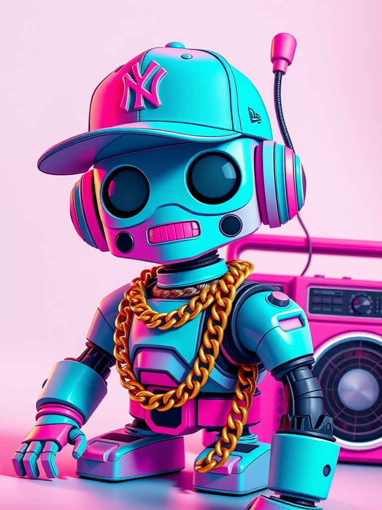 Create a vibrant illustration of a retro robot in a hip-hop style, featuring a NY cap, oversized gold chain, and a boombox, in a cartoonish design with bright turquoise and pink colors, taken with a DSLR camera at f/2.8 aperture, 50mm lens, shallow depth of field, in a well-lit studio setting for high detail and clarity.