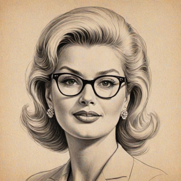 Pleasing Ivana Trump, pencil sketch, portrait of Appealing woman 1947s in glasses, hair style beatnik, outline, clear lines, fine lines, 8k