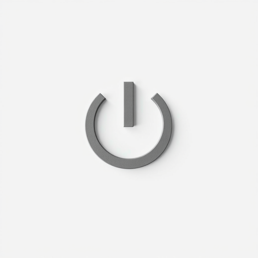 create a high-resolution, minimalist image of a grey power symbol on a plain white background, using a DSLR camera with a 50mm lens, aperture set to f/1.8, shutter speed of 1/125s, ISO 100, natural lighting for enhanced clarity and detail