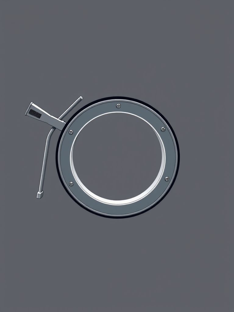 Create a high-resolution illustration of a circular clamp with a lever mechanism, using a DSLR camera with an aperture of f/8 and a shutter speed of 1/125 sec, positioned at a 45-degree angle for a dynamic perspective, utilizing a softbox light source for even illumination.