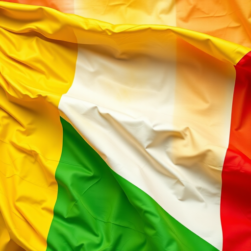 Generate an image of a flag with intricate folds and textures, capturing a vibrant mix of yellow, red, white, and green colors, using a DSLR camera with a 50mm lens at f/2.8, ISO 100, and natural light for enhanced detail and quality.