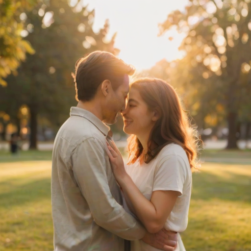 Blurry candid shot of a couple sharing a tender moment at a park during golden hour, with the sun setting behind them and soft light casting warm hues on their faces.