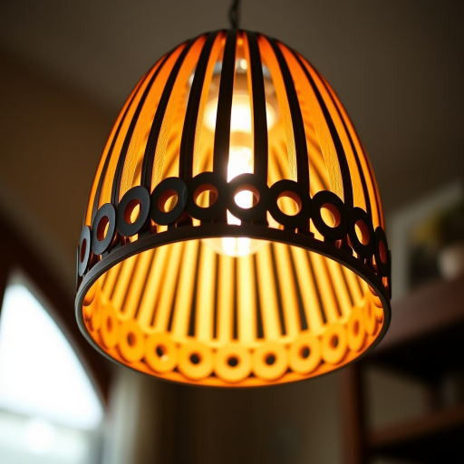 Generate an image of a decorative pendant light fixture with wooden circular slats, illuminated with a warm glow, taken with a DSLR camera at f/2.8 aperture, ISO 100, shutter speed 1/60s, in a close-up view with a soft focus background for a cozy ambiance.