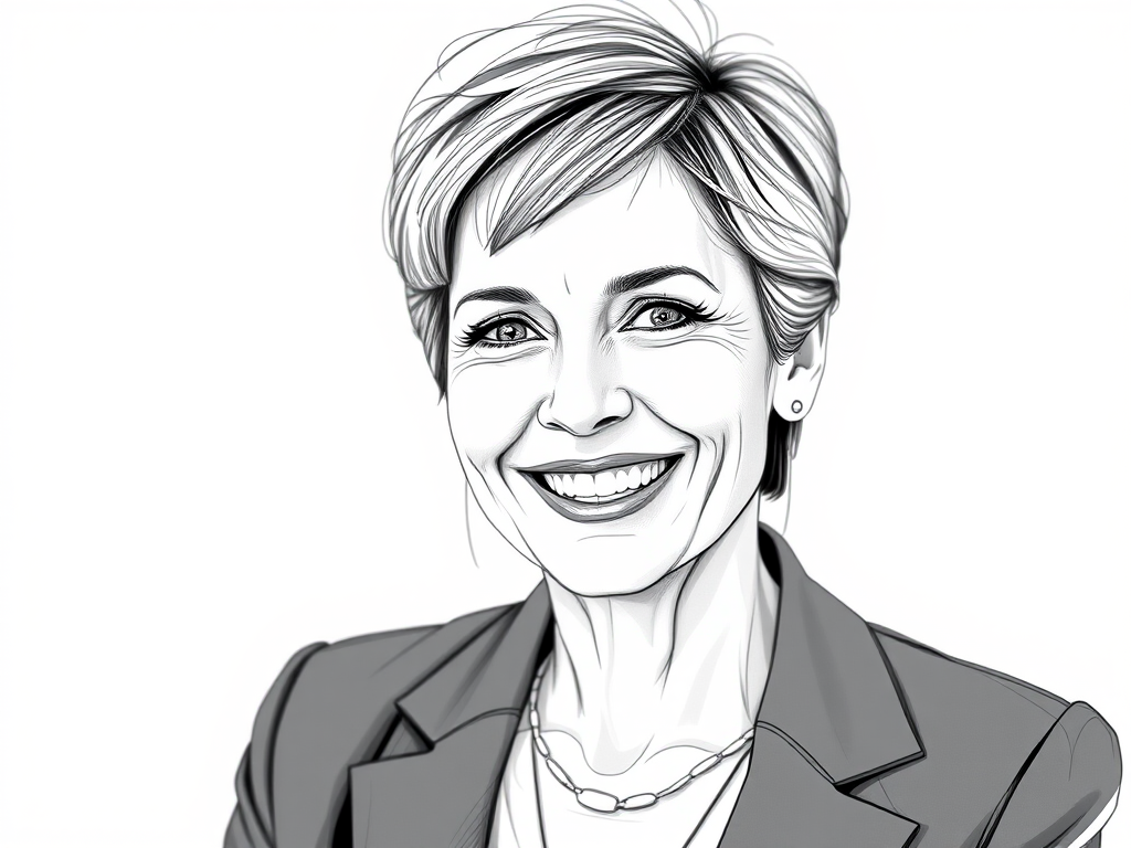Generate a high-resolution sketch portrait of a middle-aged woman with short hair and a friendly smile, wearing a blazer and a necklace, in sharp focus with a shallow depth of field, captured using a DSLR camera, 50mm lens at f/2.8, ISO 100, 1/200 sec shutter speed.